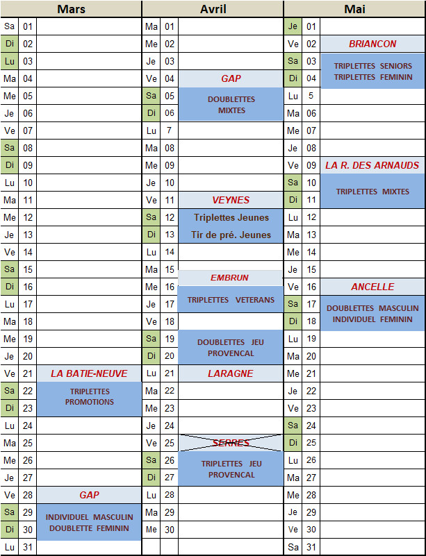 Calendrier Championnats Départemantaux 2025