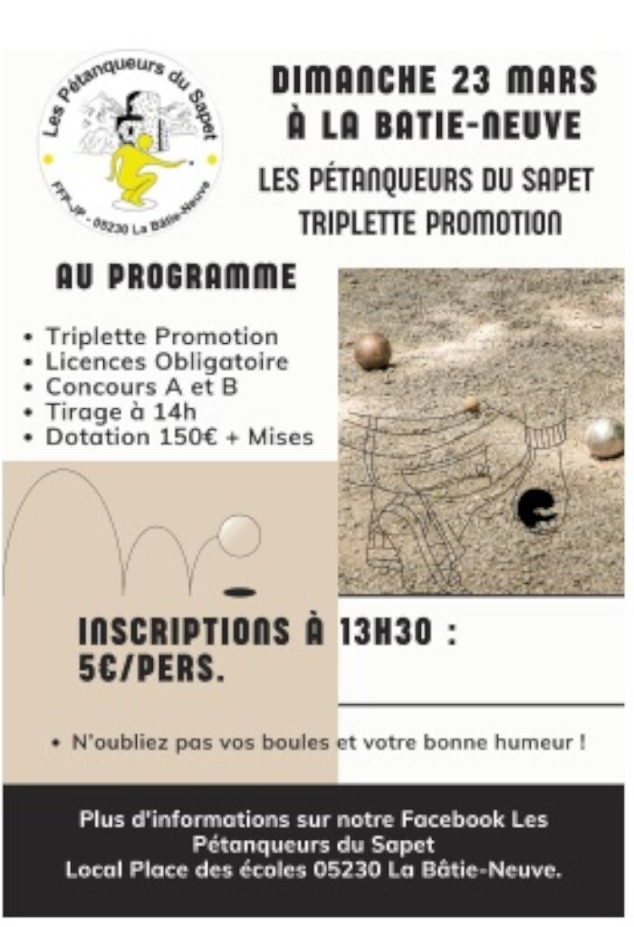 Concours Pétanque Triplettes Promotion le 23 mars 2025 à La Batie-Neuve